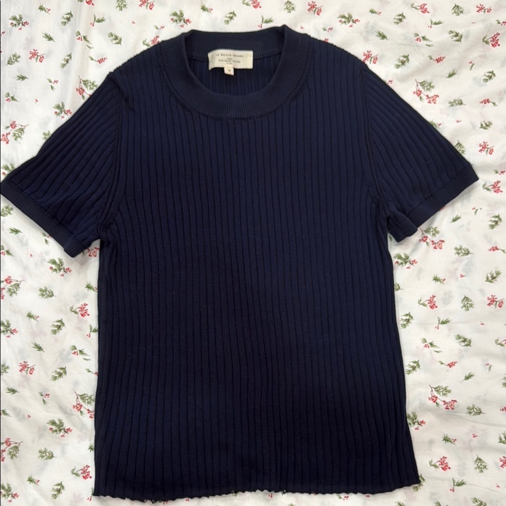 Navy Ribbed Short Sleeve Top